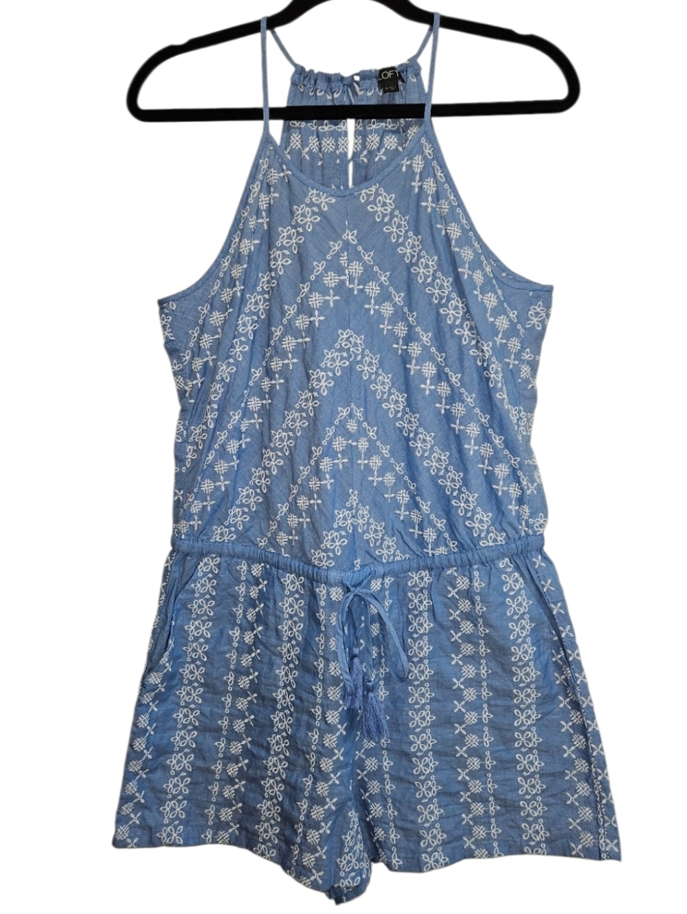Blue White Romper Cotton Embroidery Womens Size Medium Coastal Beach Outfit